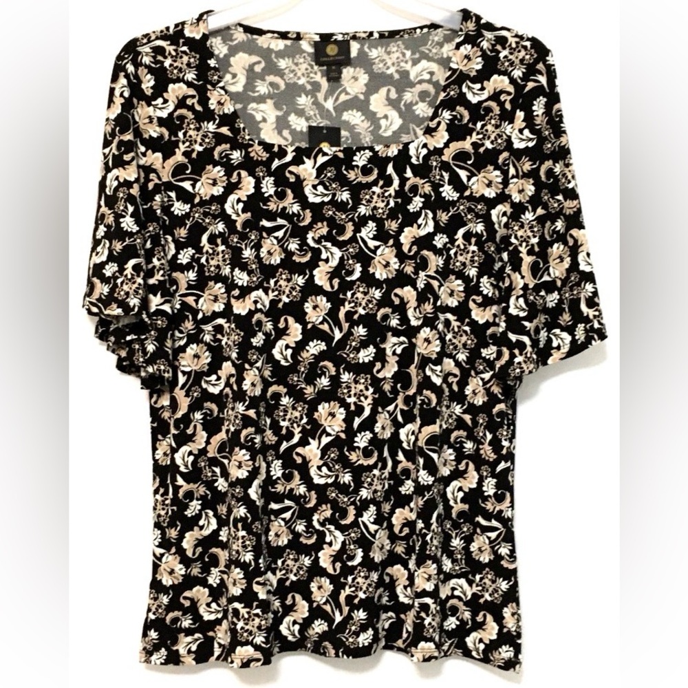 JM Collection Women's Size XL Deep Black Combo Square Neck Flutter Sleeve Top